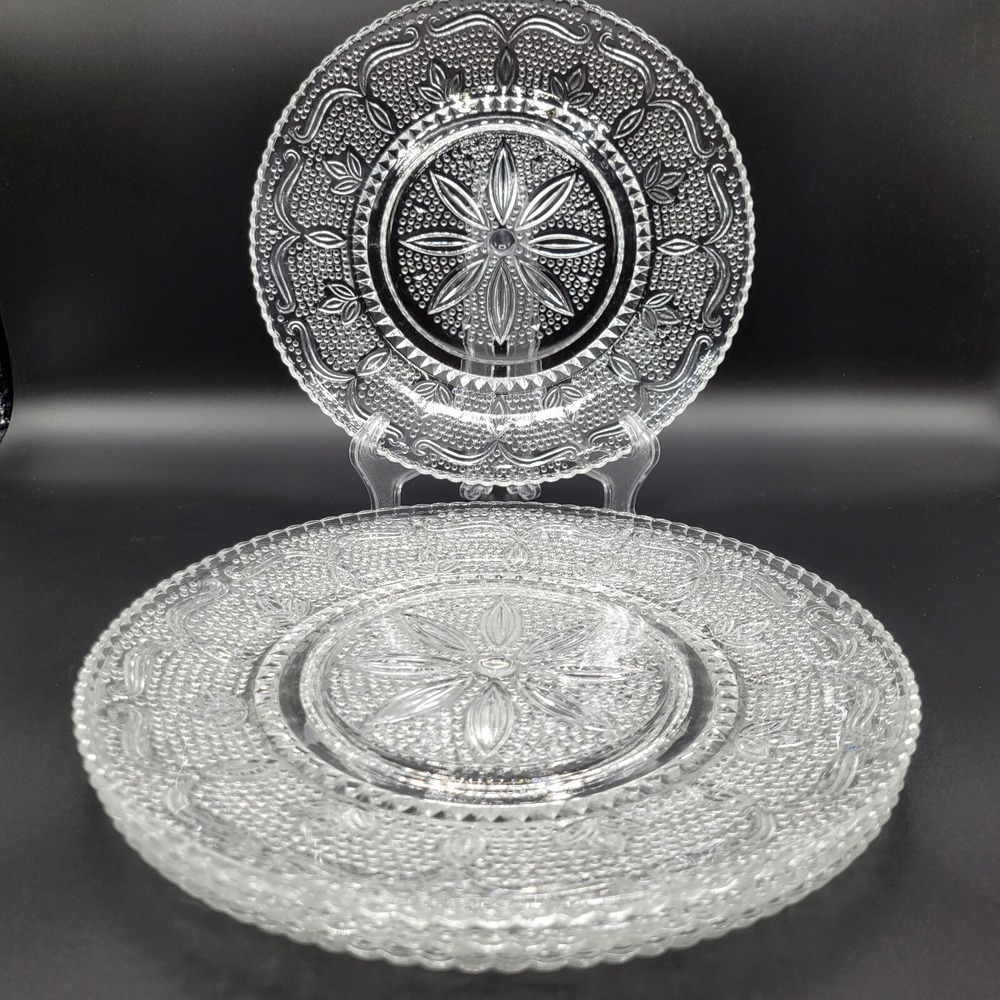 Vintage 4 Federal Clear Glass Heritage Clear Luncheon Plate Beaded Floral 9.25"